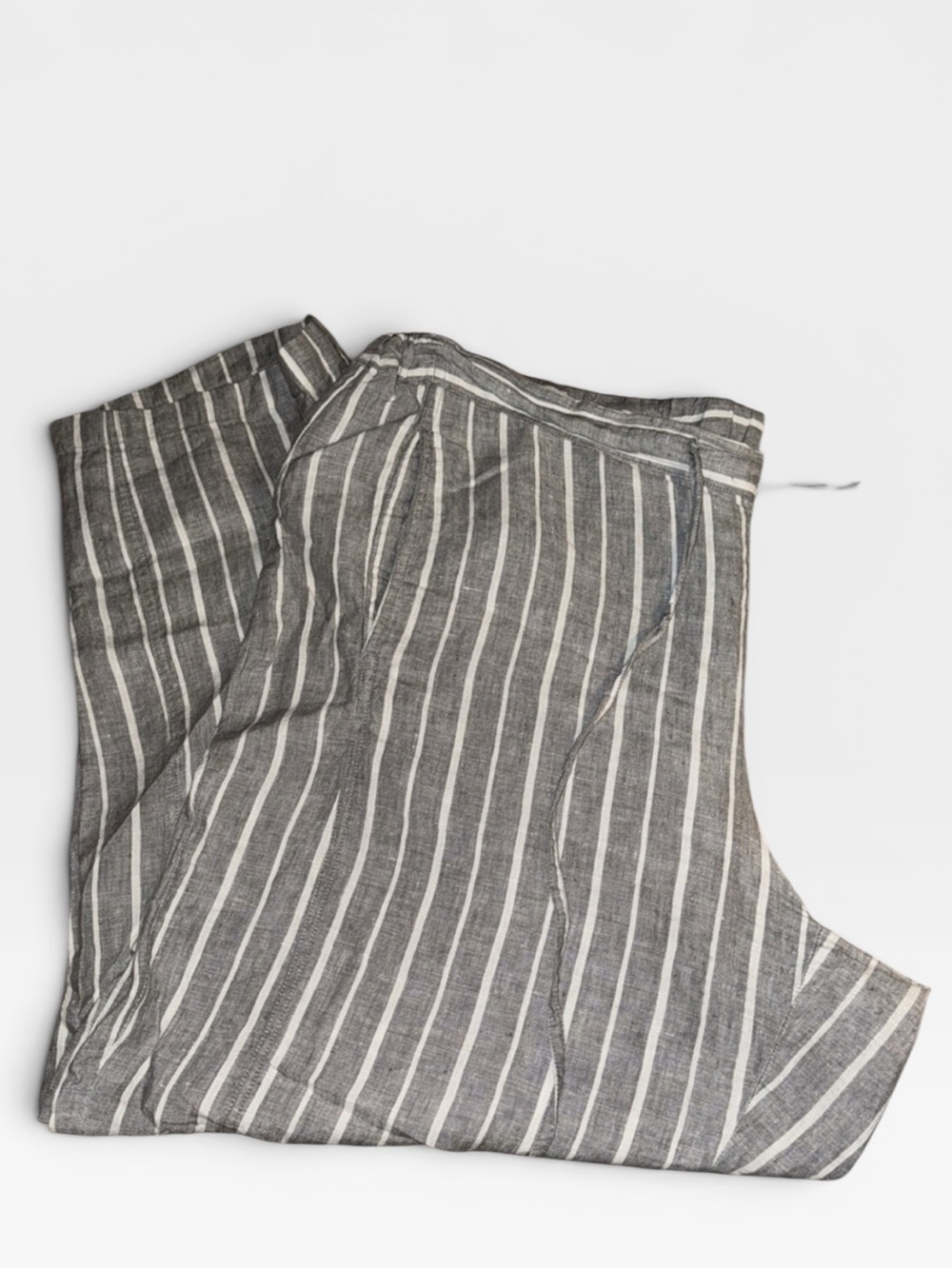 Coldwater Creek Sz XL gray white stripe back elastic front ties 100% linen pants